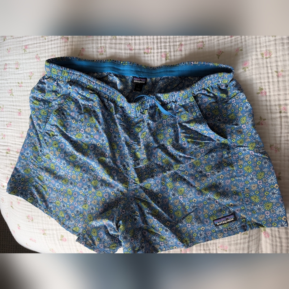 Patagonia Blue Floral Athletic Shorts with Green Accents
